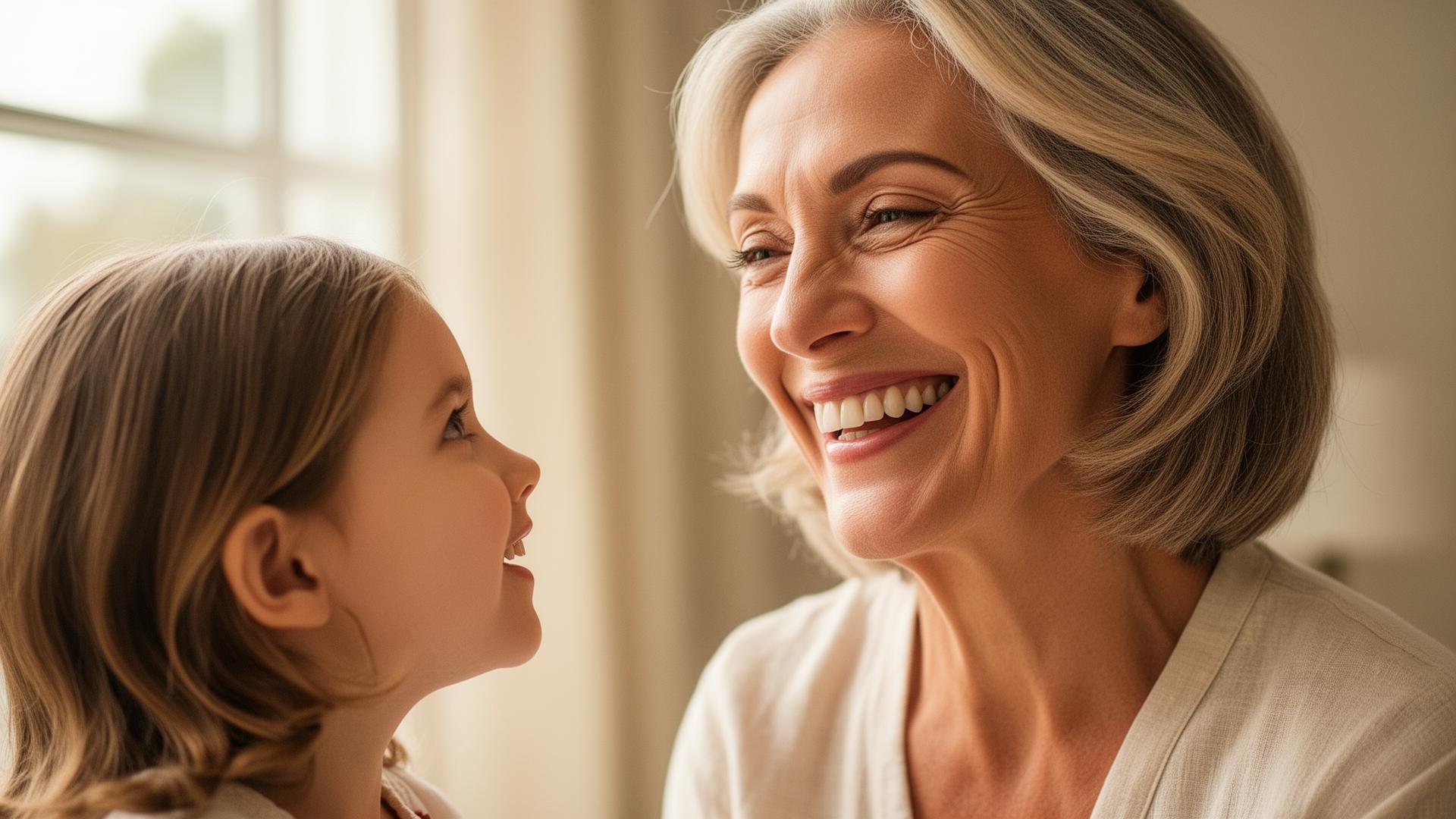 A woman in her fifties smiling radiantly at her young granddaughter in soft morning light